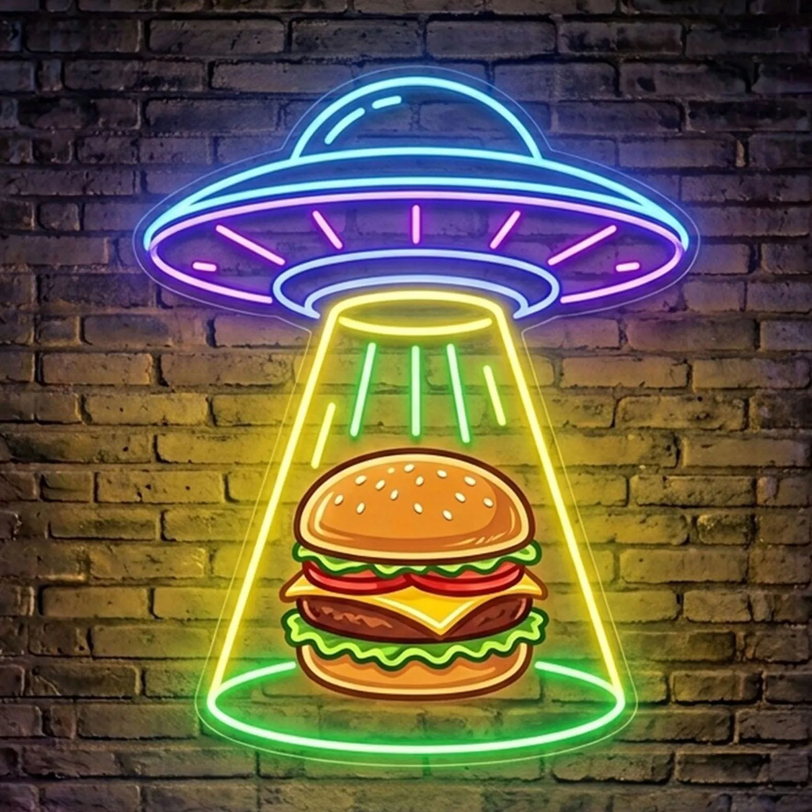 Burger UFO Neon Sign,UFO Burger Wall Neon,Burger Led Neon Sign,Fast Food Neon Sign,Street Food Neon Decor,Business Owner Gifts