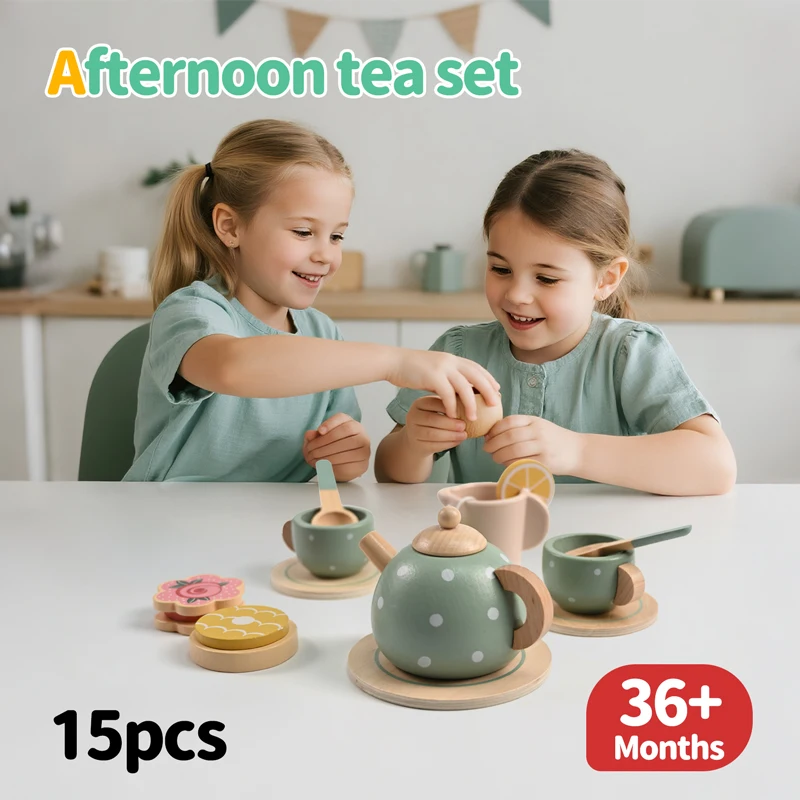 15 قطعة مونتيسوري خشبية طقم شاي بعد الظهر لعب للأطفال لعب الأدوار لعبة التظاهر اللعب في وقت مبكر ألعاب تعليمية للبنين بنات هدايا
