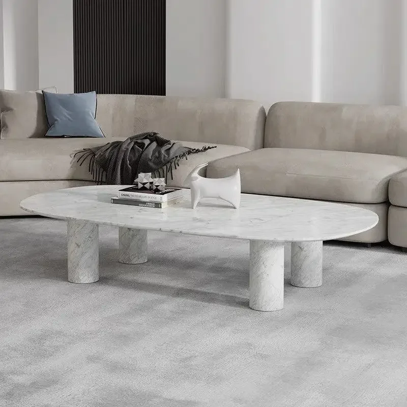 Minimalist solid pure natural marble pillar black and white root long oval coffee table