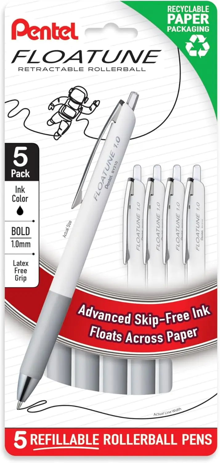 

Smooth Retractable Rollerball Pen, 1.0mm Bold Point, Black Ink, 5-Pack