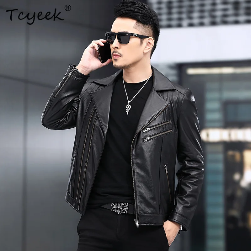 Tcyeek Natural Cowhide Real Leather Jacket for Men Motorcycle Autumn Clothes Black Mens Coats Fashion Casual Chaquetas Hombre