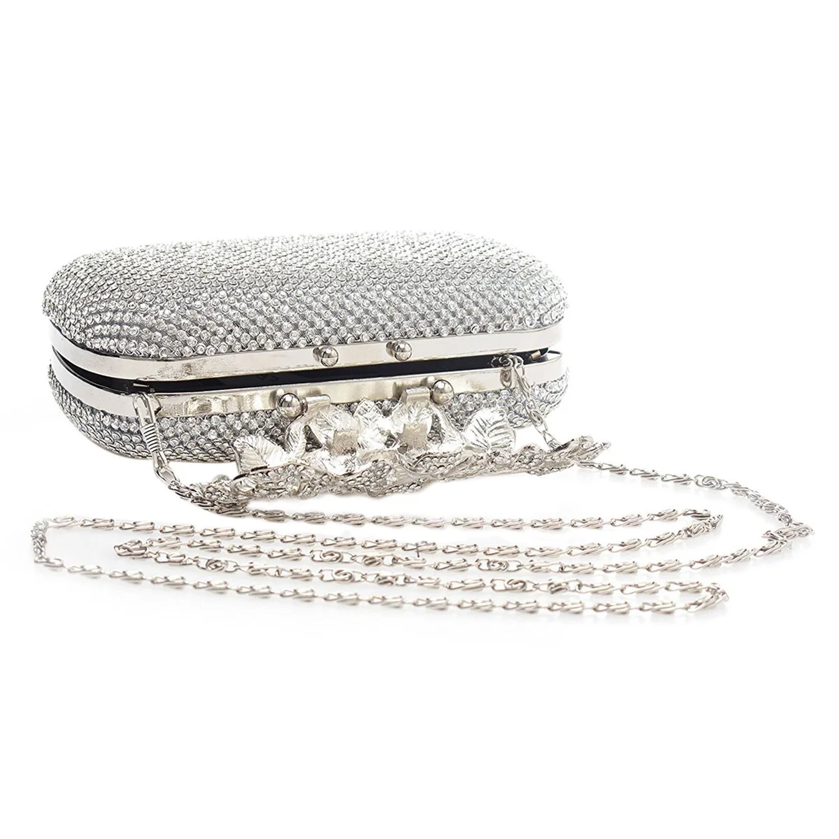 New Unique Clasp Silver Diamante Crystal Diamond Evening bag Clutch Purse Party Bridal Prom