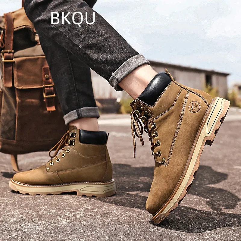 Leather Boots for Men Round Toe Comfortable Trendy All-match Wear-Resistant Outdoor Platform Non-slip Shoes Spring Autumn Main