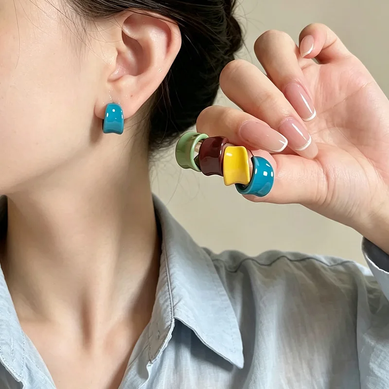 Earrings C Shaped Wide Band Glazed Enamel Half Hoop Stud Women Colorful Minimalist Daily Commute Fresh Lightweight Alloy