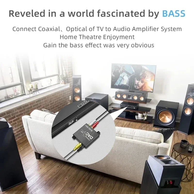 デジタル - アナログ オーディオ コンバーター 192KHz DAC デジタル SPDIF 同軸光 - L/R RCA オーディオ アダプター、低音と音量コントロール付き