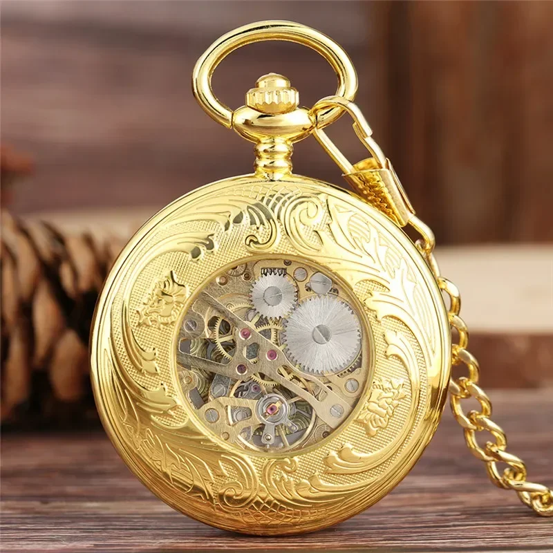 Luxury Gold Transparent Glass Unisex Hand-winding Mechanical Pocket Watch Roman Numerals Skeleton Pendant Clock with Fob Chain