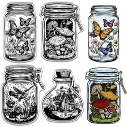 1pc Glass Jar Clear Stamps Bottle Butterfly Flower Mushroom Bird Spring Plants House Reusable Retro Background Silicone Stamp