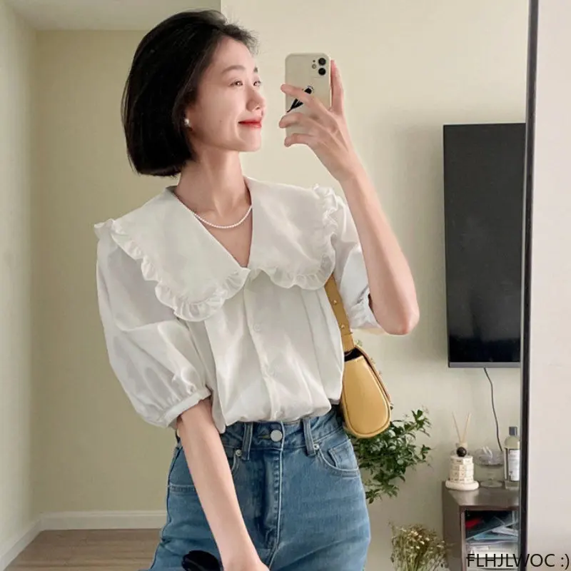 Ruffles Peter Pan Collar Cute Sweet Tops Blouses 2023 Women Korean Japan Preppy Style Girls Solid Button White Shirt blusas