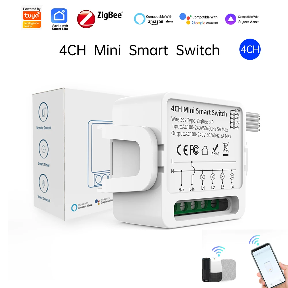 

Умный мини-выключатель Tuya ZigBee 4CH, совместимый с Alexa/Google Assistant, таймер/функция обратного отсчета, огнестойкий корпус, простая установка, поддержка внешнего настенного выключателя