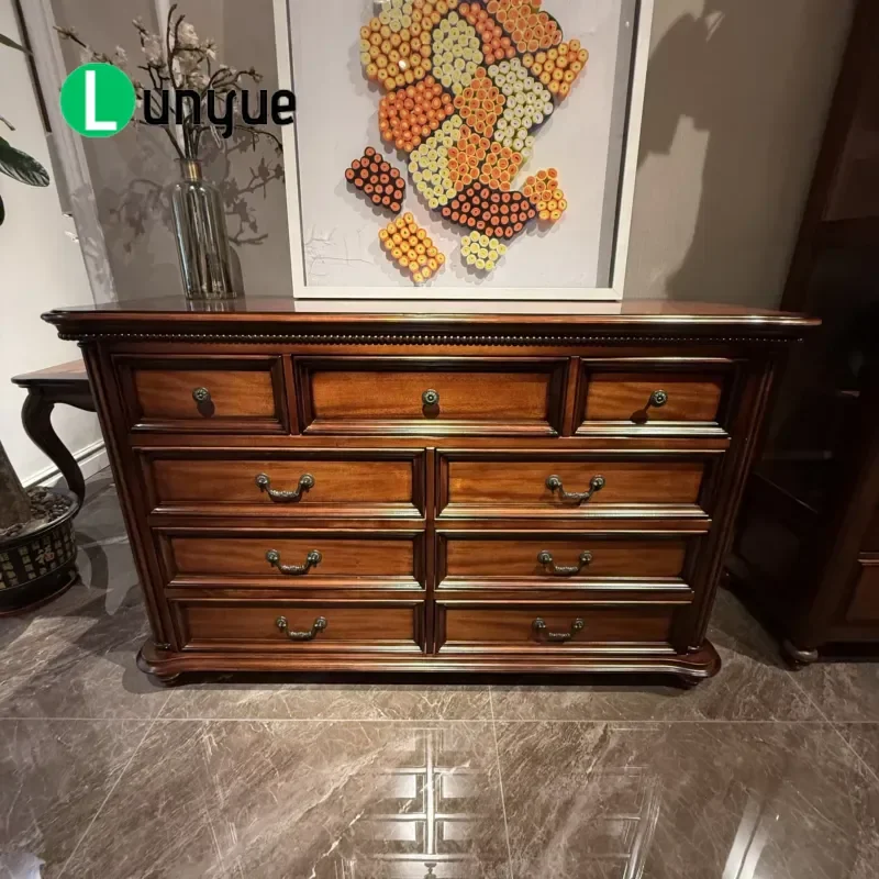 American Solid Wood 9 Drawer Dresser with Metal Handles Vintage Style Storage Cabinet for Bedroom Living Room Furniture