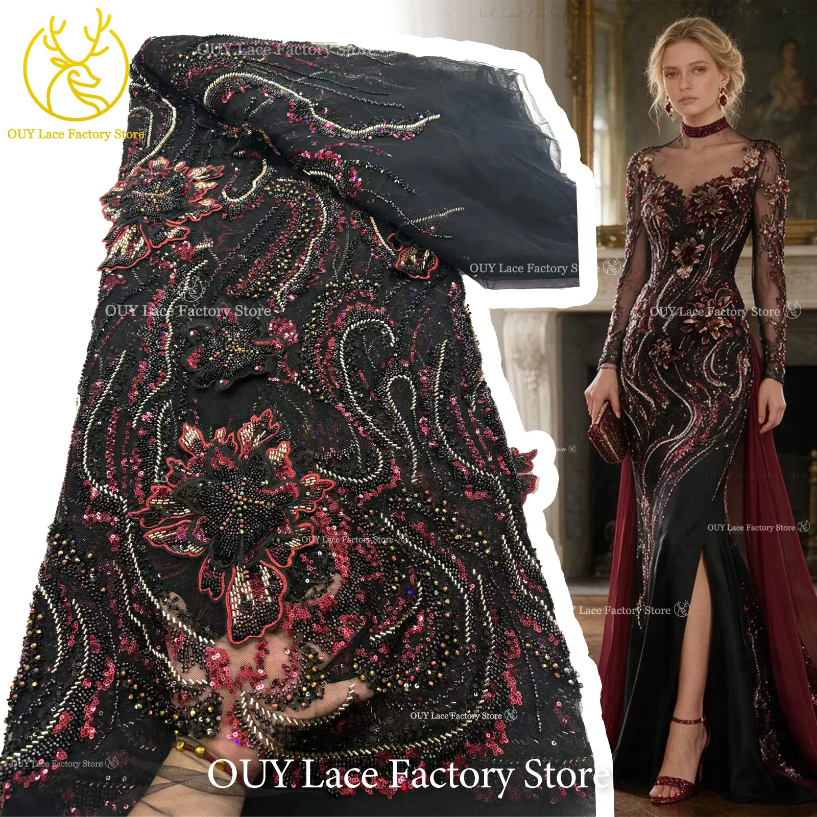 3D Embroidery Heavy Beaded Tulle Lace Fabric, Luxury African Sequin Sheer Lace for High-End Women Party Evening Gown Sewing