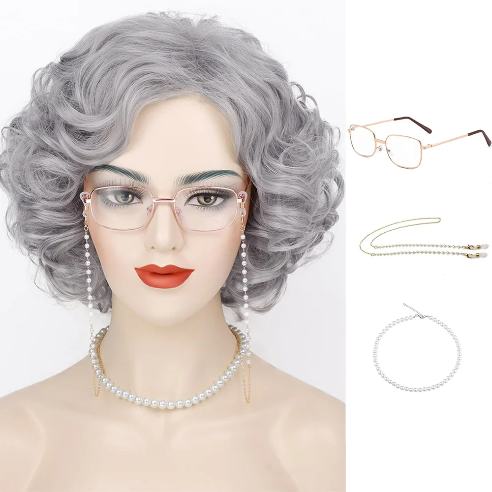Grandma Wig And Accessories for Old Lady Costume Grey Curly Granny Wigs for Women Synthetic Wig For Cosplay Halloween Party Use