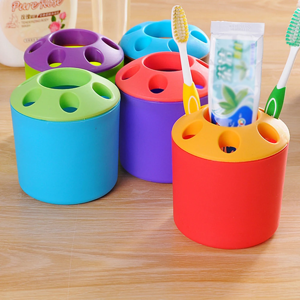 

Toothbrush Holder Colorful Base Slim Profile Plastic Circular Design Bathroom Counter Organizer Toothpaste Stand Storage