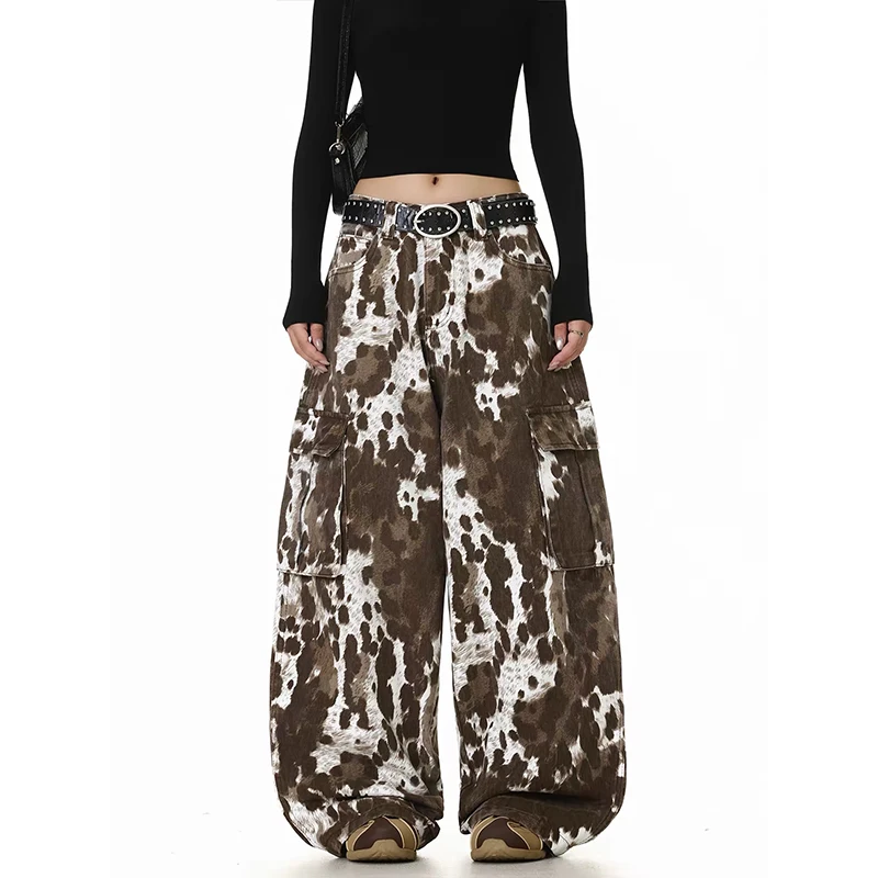 ZHIZOU Women Gothic Y2k Baggy Cargo Jeans Harajuku American Vintage 2000s Oversize Denim Trousers Japanese Leopard Jeans Pants