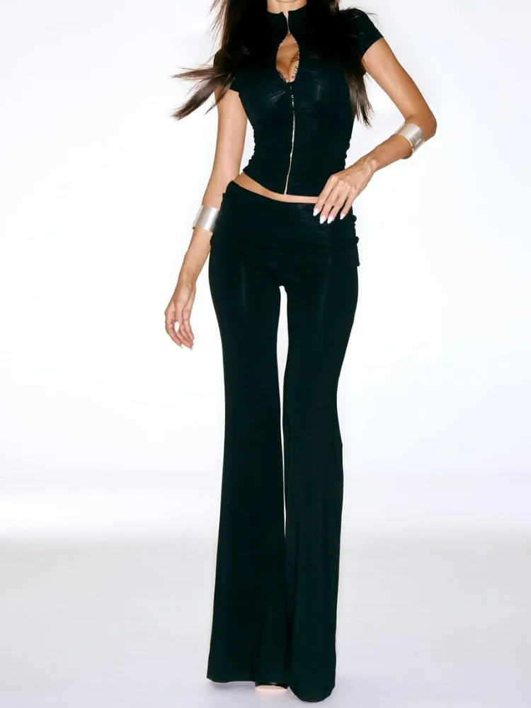 أزياء قصيرة الأكمام السراويل مجموعة المرأة شيك ضيق سستة البنطال القصير مستقيم الساق منخفضة الخصر السراويل سيدة تخفيف عارضة الشارع الشهير