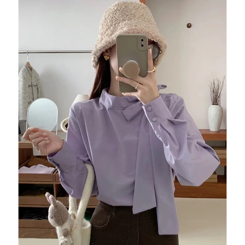 Nomikuma Korean Bow Bandage Stand Neck Blouse Causal Long Sleeve Fashion Solid Elegant Shirts 2023 New Blusas De Mujer