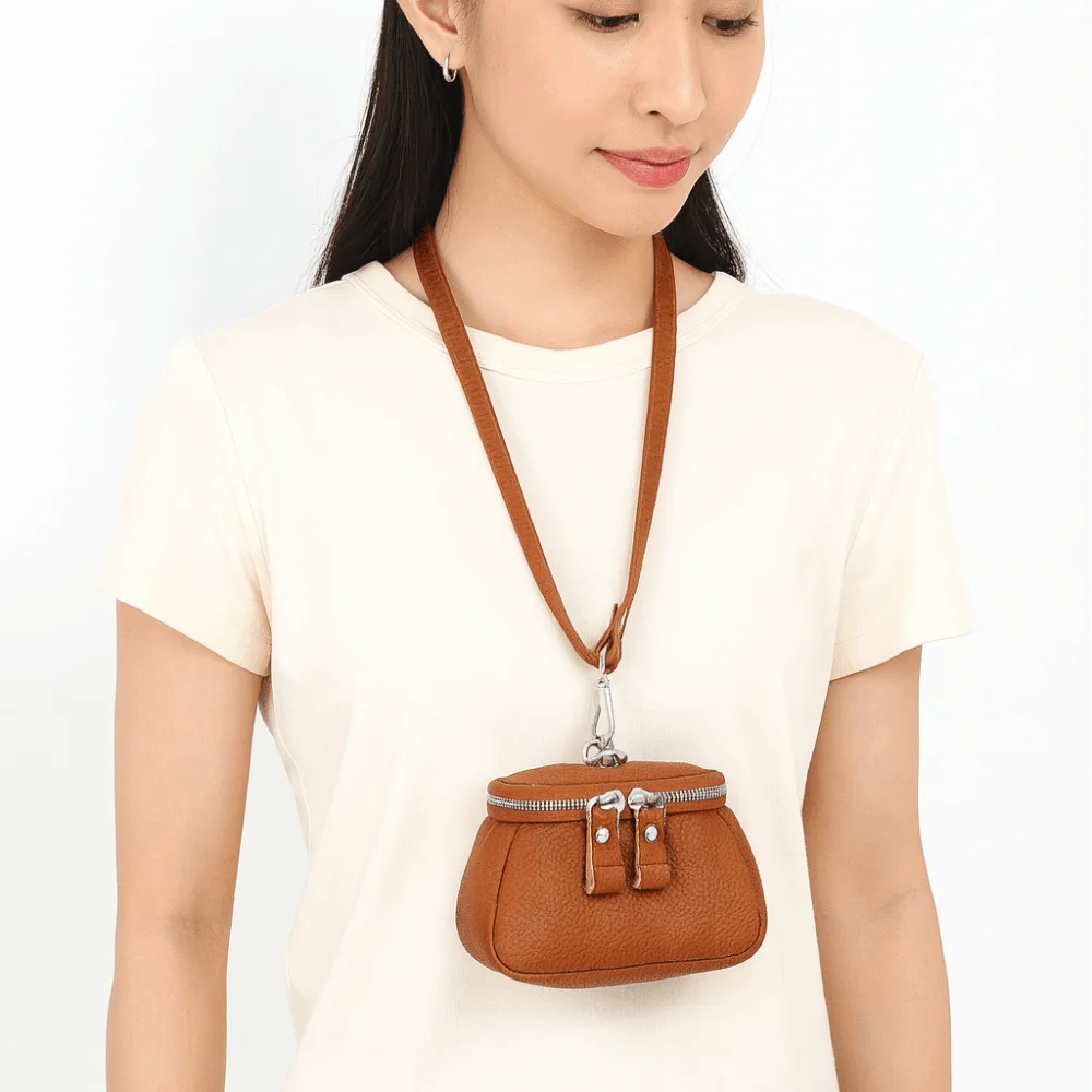 Solid Color Hanging Neck Coin Purse Lipstick Earphone Pouch Makeup Storage Lanyard Wallet Genuine Leather Purse Mini Storage Bag