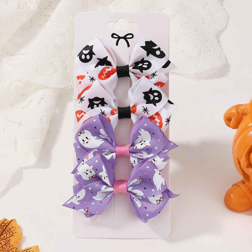 

4Pcs Halloween Ribbon Bows Hair Clips for Baby Girls Headwear Ghost Skull Printing Hairgripes Hairpin Ornament Hair Accessories