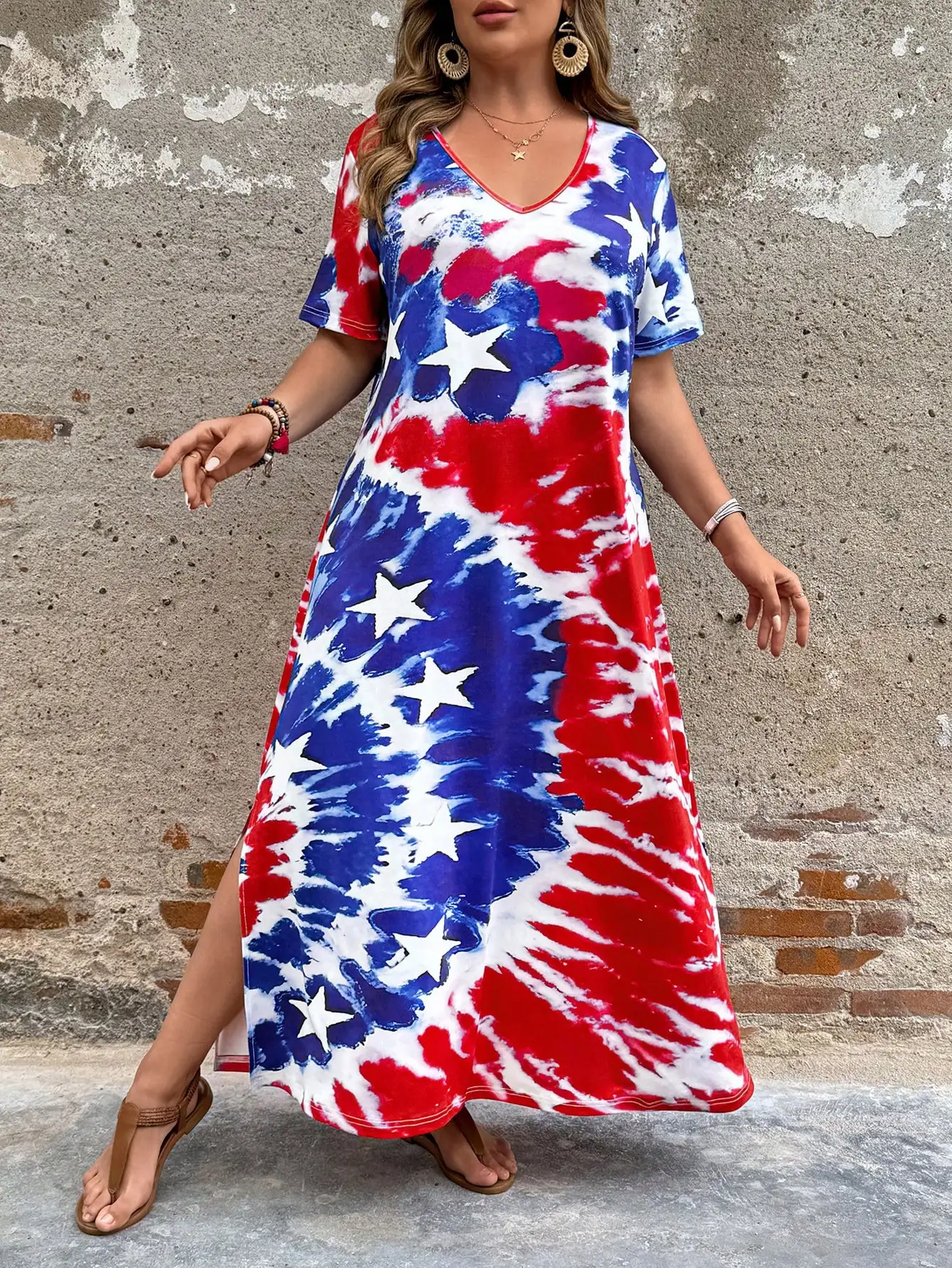 

Deep V-Neck Short Sleeve Straight Dress With Flag Tie Dye Print