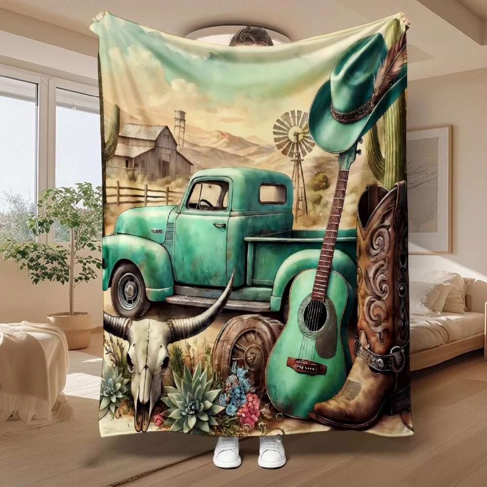 Western Ranch Vintage Truck Guitar, Country Music Lover Gift, Soft Cozy Blanket, Rustic Farmhouse Home Decor, Multi-Purpose Bed