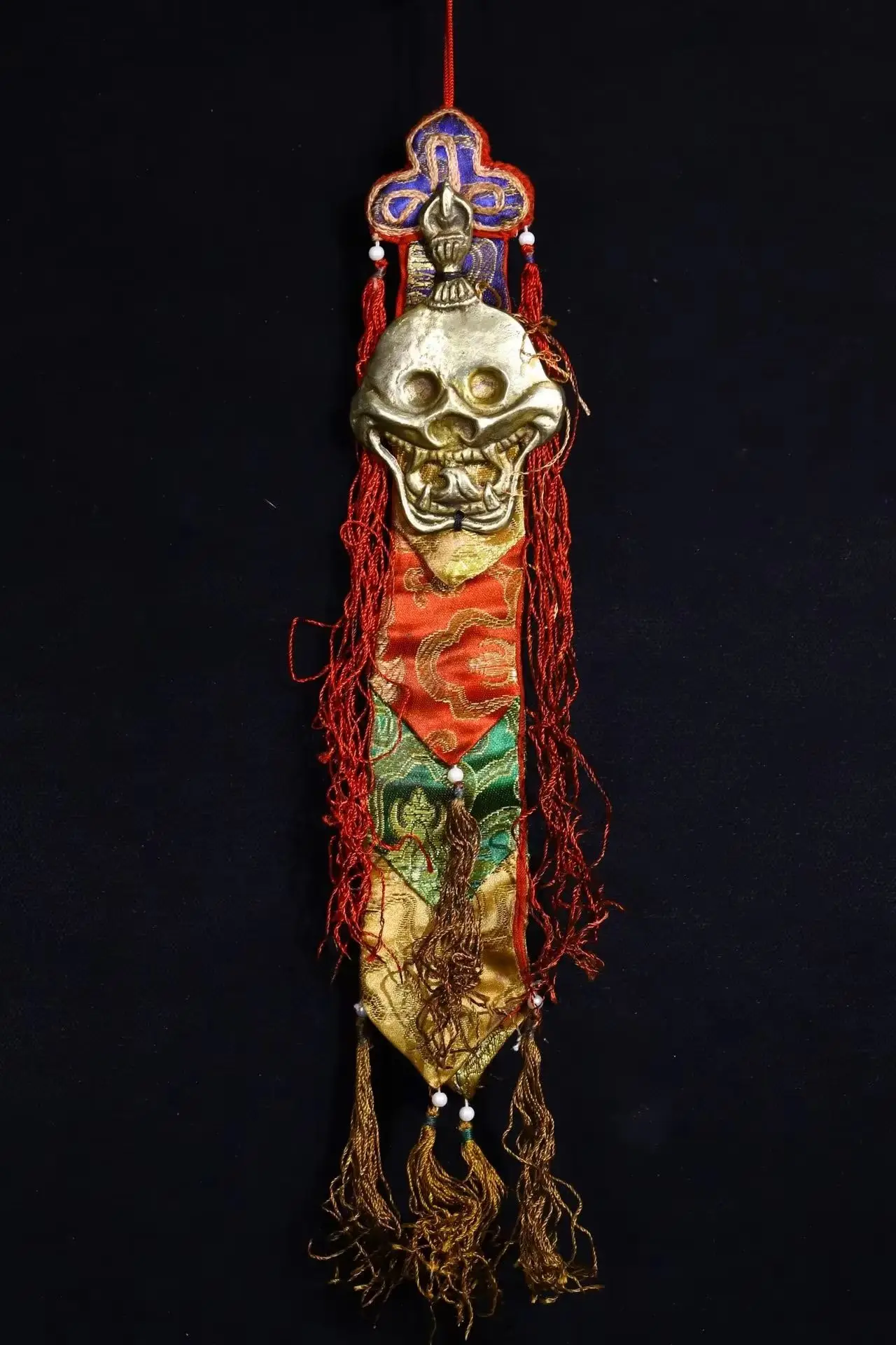 20"Nepalese folk Old Bronze Cinnabar Skull Head Mask Prayer Flags Amulet Pendant hanging Screen Worship Hall