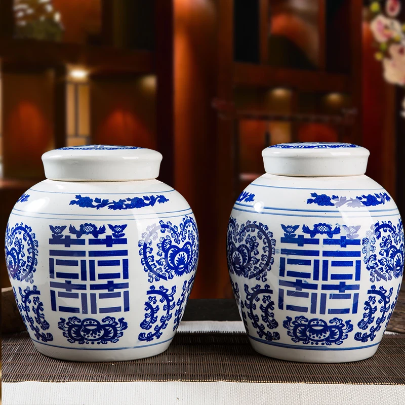 

Сине-белая фарфоровая банка для хранения, контейнер для китайских травяных паст, кухонная емкость для чая с крышкой, Happine