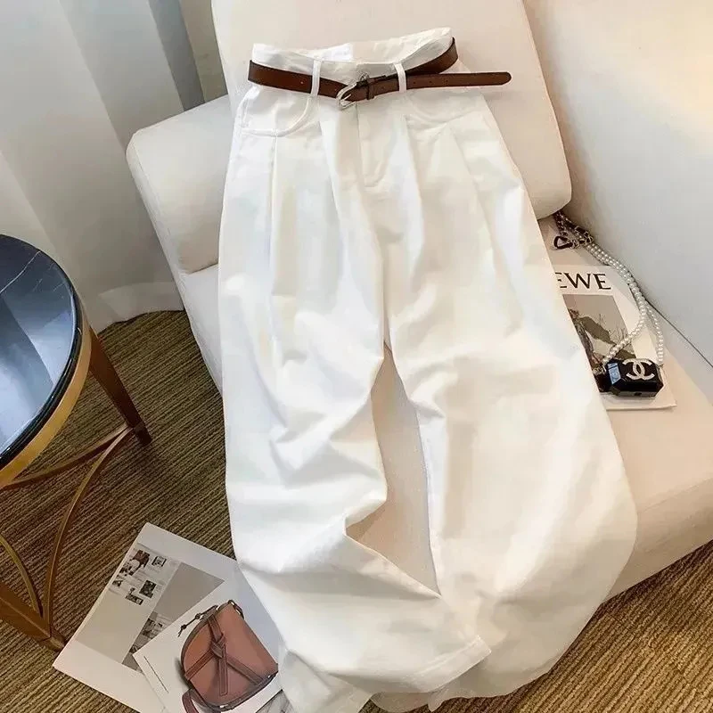 

White High Waisted Wide Leg Pants Women Summer Thin Pleated Elegant Trousers Loose Belt Casual Fashion Korean Pants