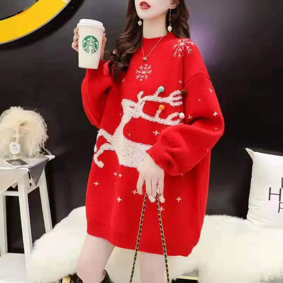 Winter Christmas Sweater Knit Coats Plus Size Sweater Pullover Korean Fashion Loose Designer Long Sleeve Top New