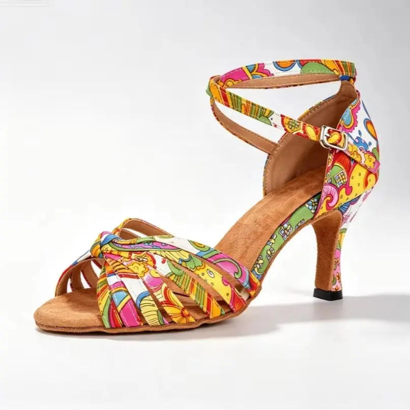 Sandalias de Baile Latino para Mujer, Coloridas, con Estampado, Correas Ajustables con Nudos y Hebilla, para Salsa, Bachata, Baile de Salón, Fiestas