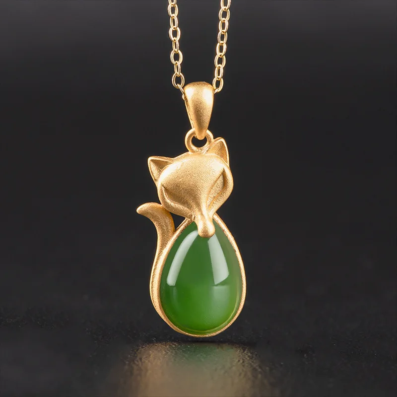 S925 Silver Natural Hetian Jade Jasper Fox Pendant Necklace Gift Certificate