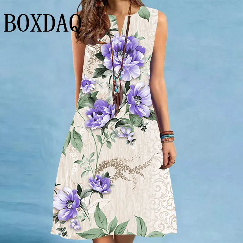 Vintage Flowers Sundress Loose Dress Fashion Midi Dresses Elegant Casual Sleeveless V-Neck 3D Printed Knee Length Dresses Summer