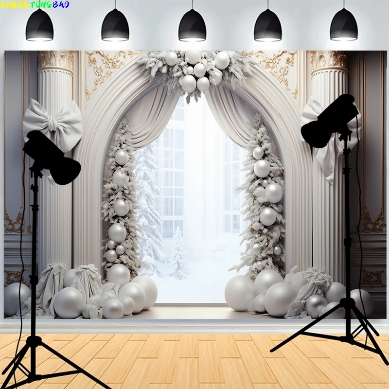 

Christmas Day Background Fireplace Living Room Decoration Snowflakes Pine Tree Family Party New Year Photography Backdrops XH-02