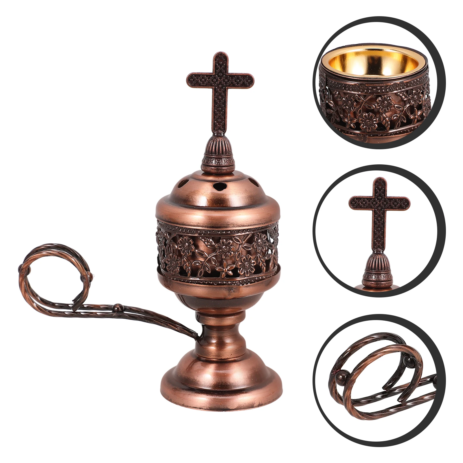 

Retro Incense Burner Holder Desktop Ornament Aromatherapy Room Decor Metal Censer Indoor Charcoal Stick Hollow Design Cone