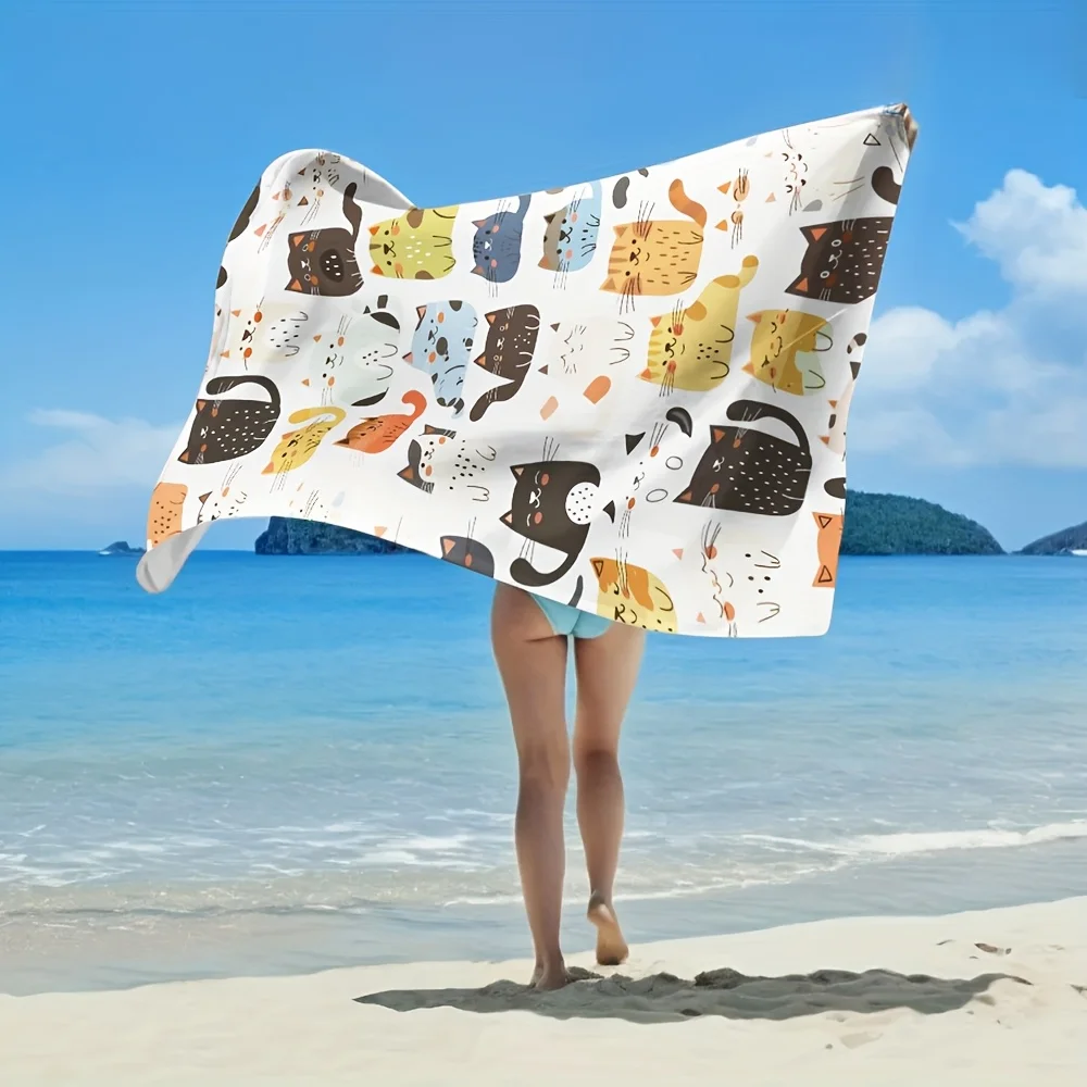 Extra Large Cute Cartoon Cat Beach Towel - Soft, Absorbent Quick-Dry Microfiber with Adorable Cat Patterns (Tabby,Tuxedo,Calico)