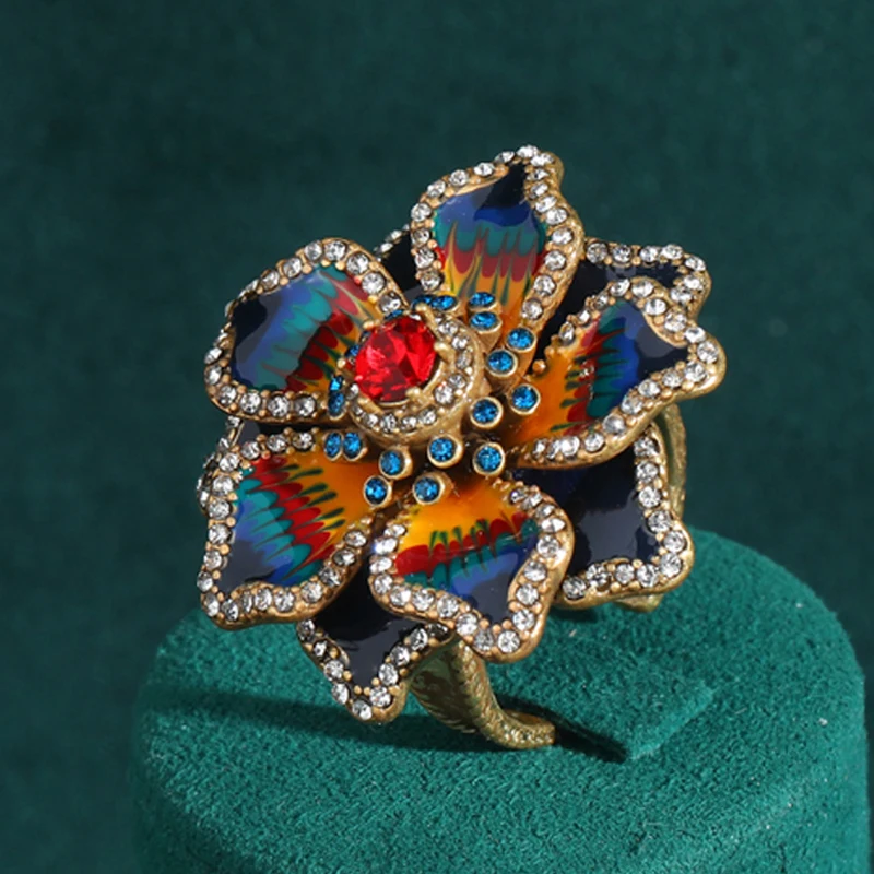 Vintage Große Blumenringe mit Tropföl-Emaille, Blauer Malachit-Schmuck, Luxus für Damen, Antik-Goldplattiert, Strass-Farbverlauf, Designer-Marken, Hochzeit