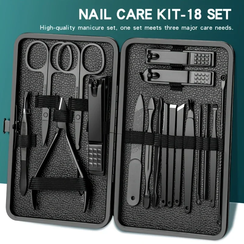 

Stainless Steel 7/10/16/18pcs Black Manicure kit Pedicure Set Scissors Nail Clipper Grooming Tool Kit with Travel Case