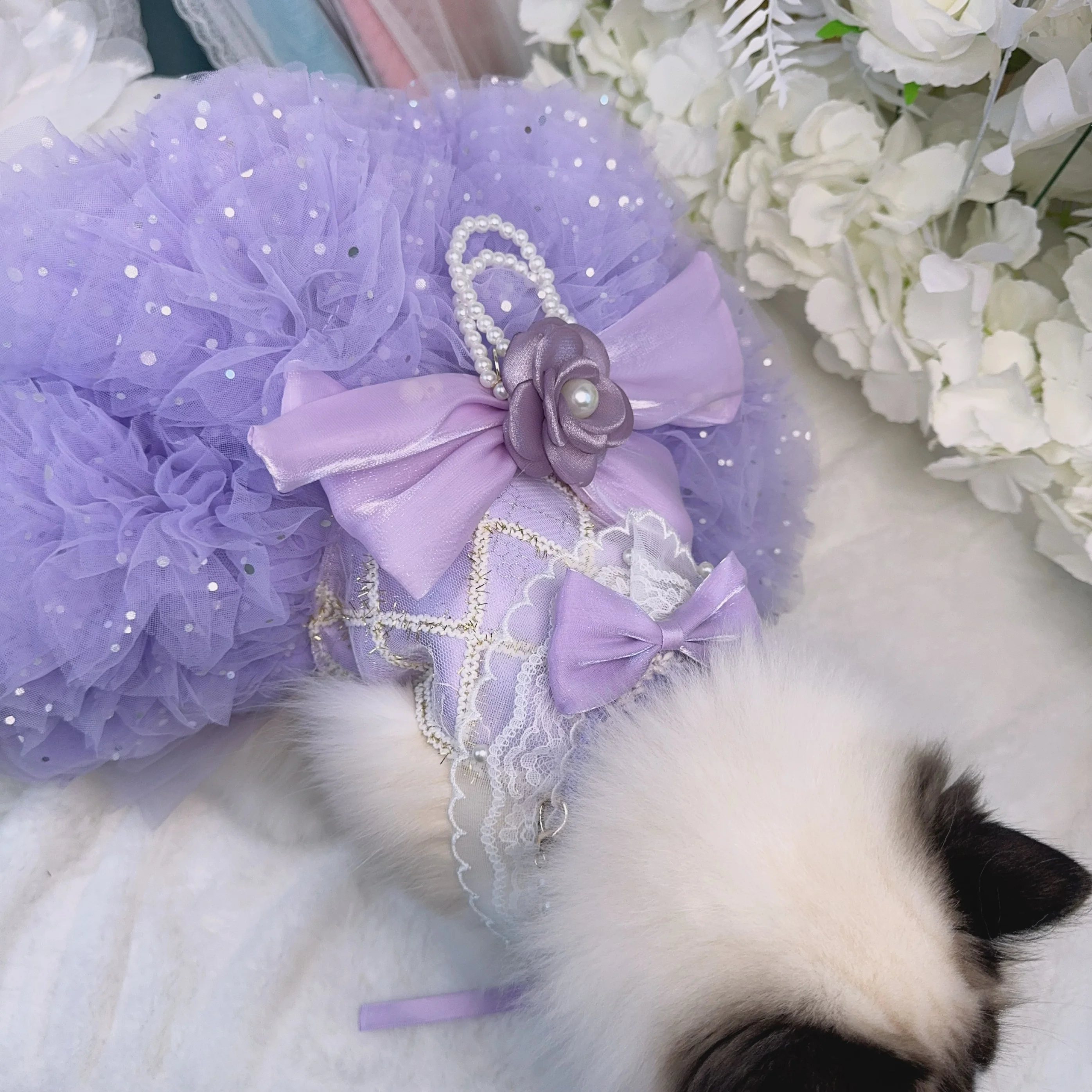 High-end Luxury Purple Pet Dog Clothes Fashion Spring Summer  Handmade Pearl Bow Lace Princess Dress For Small Medium Dog Poodle