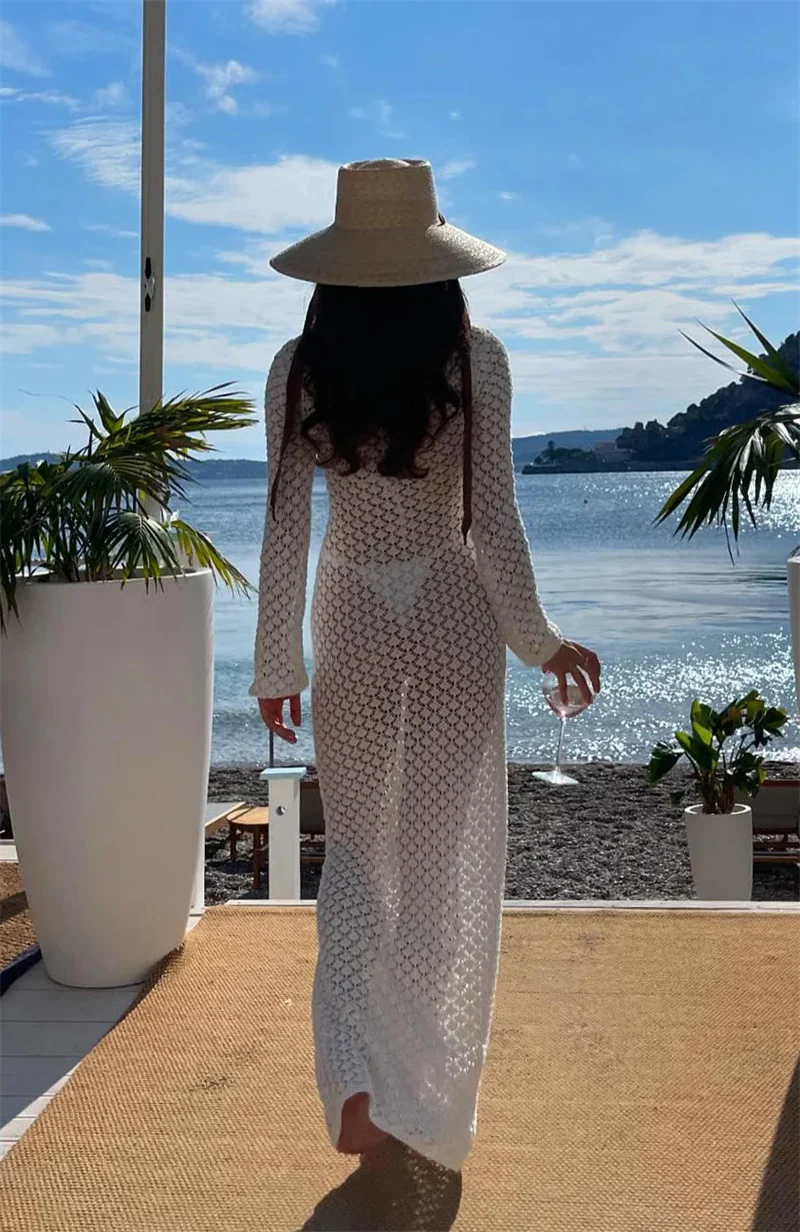 Vestido de playa ajustado de manga larga para mujer, traje de baño Sexy de punto de ganchillo para cubrir Bikini, bata de baño con protección solar