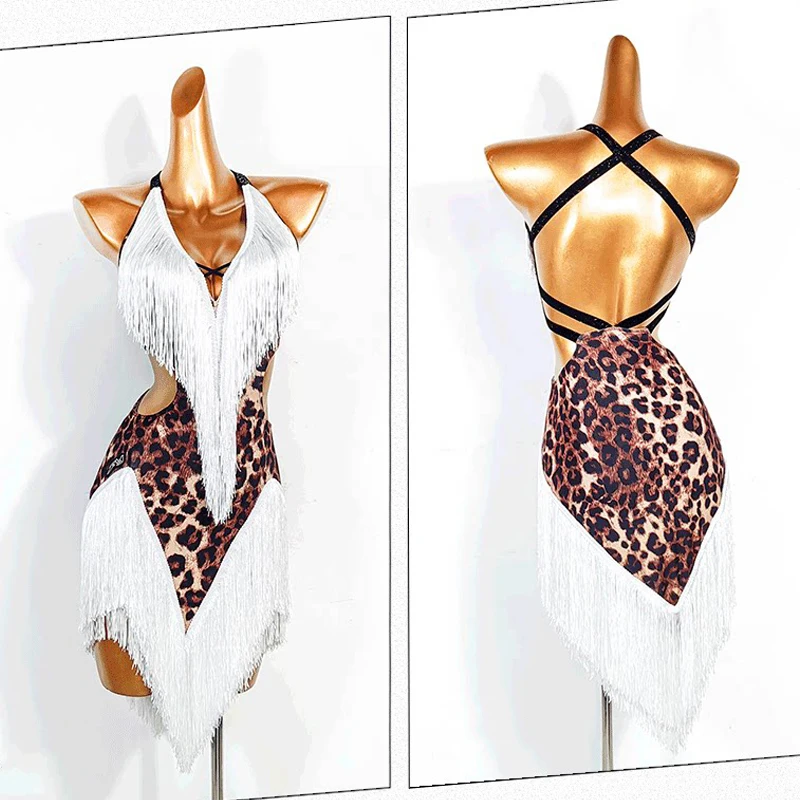 

Сексуальное платье для латинских танцев чача для женщин, леопардовое платье с бахромой для латинских танцев, одежда для соревнований по латинским танцам румба для взрослых XS11172