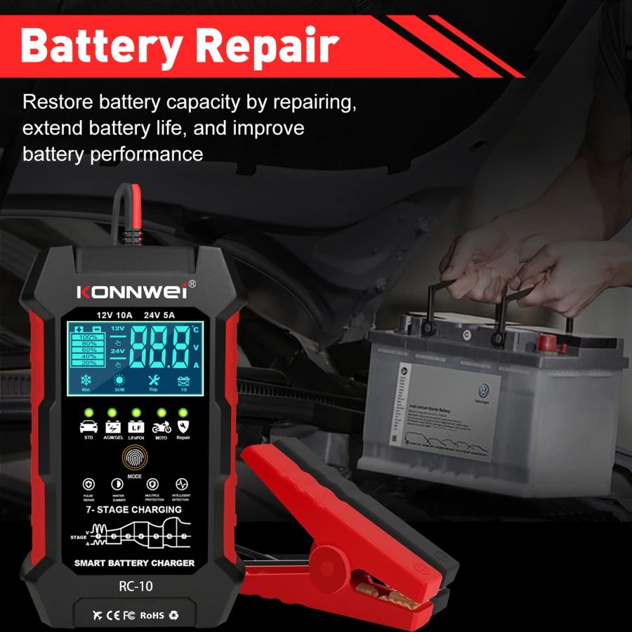 Konnwei RC-10 12V 10A & 24V 5A Battery Charger Battery Pulse Repair Tool for Lead-acid Automotive, Marine, Deep-cycle Batteries