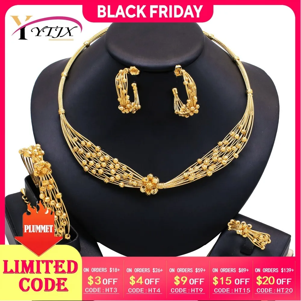 

YTJX Elegant Unique Women Jewelry Set Dubai 18K Gold Plate Beads Necklace Bracelet Earring Ring For Bridal Wedding Gift 2025 New