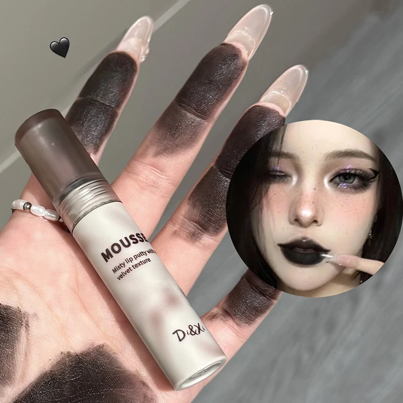 Cool Black Silky Smooth Lip Mud Mousse Matte Caramel Brown Lipstick Clay Dark Punk Lip Glaze Holding Makeup Non-stick Cup