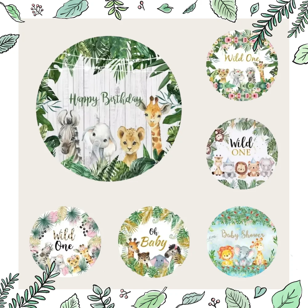 Wild Animal Round Backdrop with Elasticity Jungle Elephant Safari Party Baby Shower Newborn Birthday Photography Background