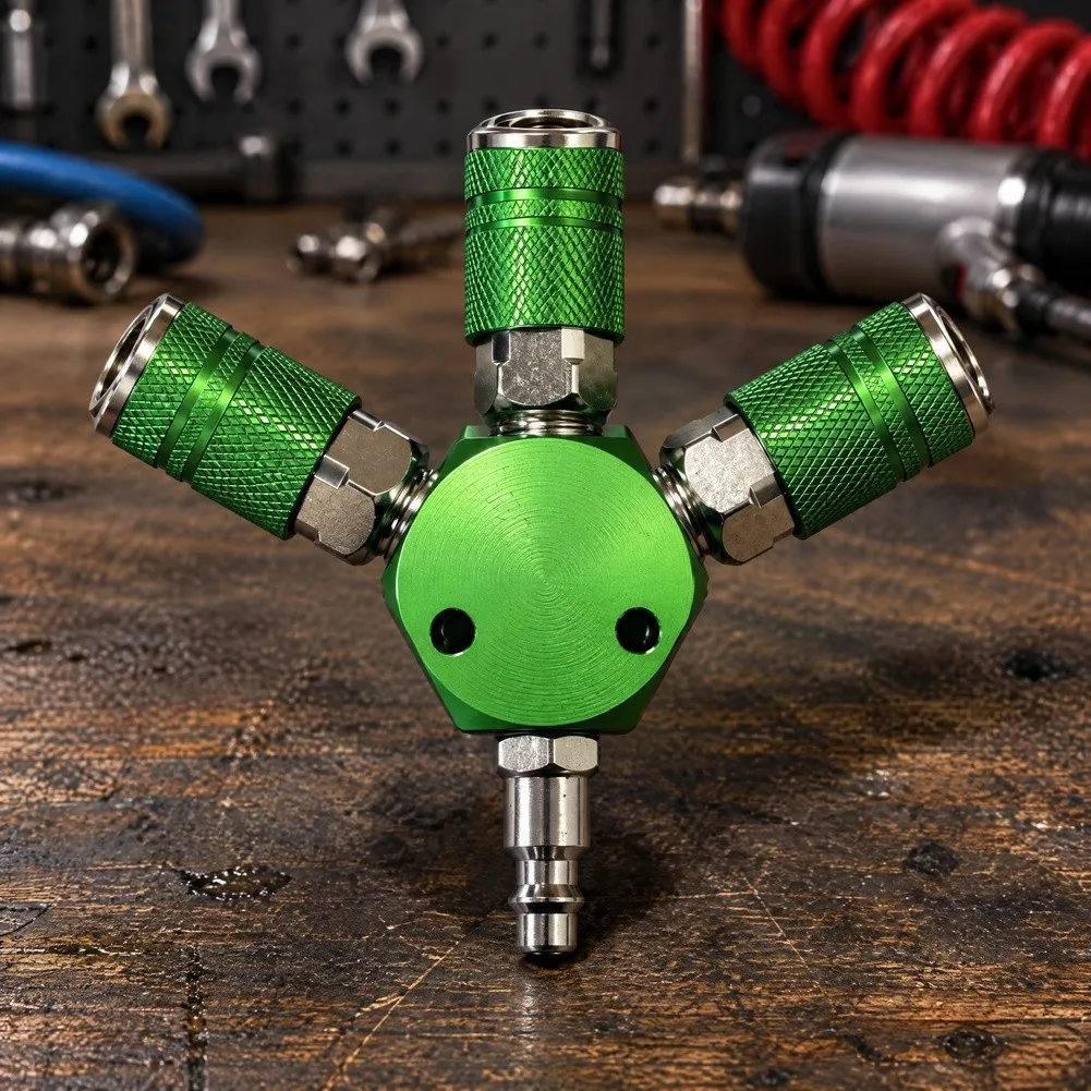 Aluminum 3-Way Air Coupler with Self-Locking for t Junction for Pneumatic Tools 1/4in NPT Quick Connect 14.5x14x2.3cm