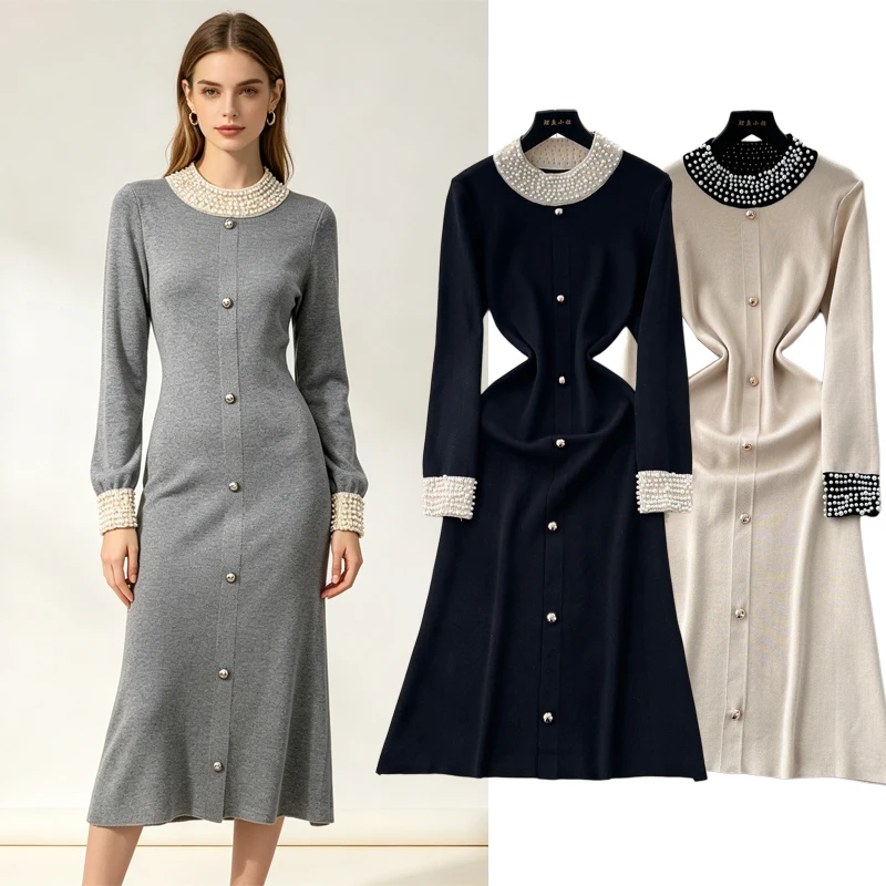 YuooMuoo Markenmode Damen Perlen O-Ausschnitt Gestricktes Langes Kleid Elegantes Patchwork Büro-Damen A-Linien Pulloverkleid Partykleid