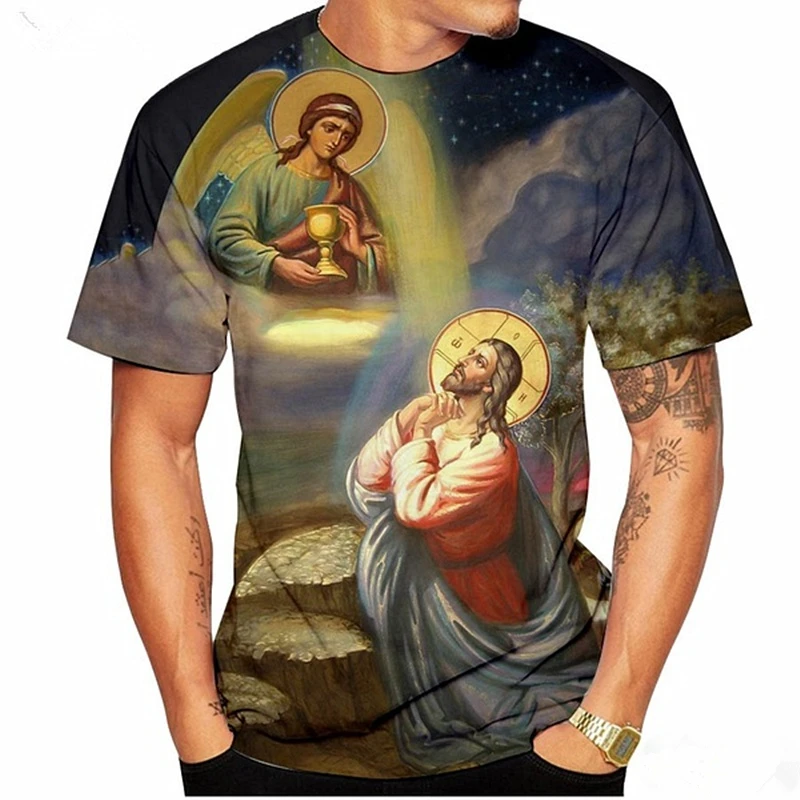 

New Fashion Summer Casual Streetwear Harajuku God Cartoon Men Tee Shirts Religion Christ Jesus 3D Print Men's T-Shirt