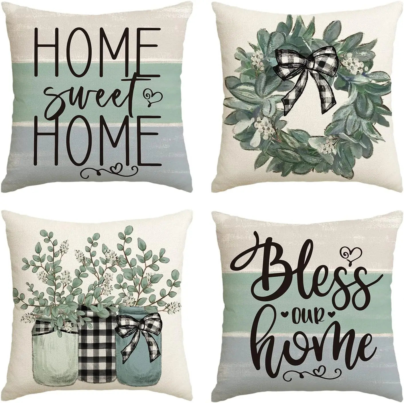 Spring Sweet Home Wreath Throw Pillow Covers, Bless Our Home Buffalo Plaid Cushion Case for Sofa Couch Set of 4