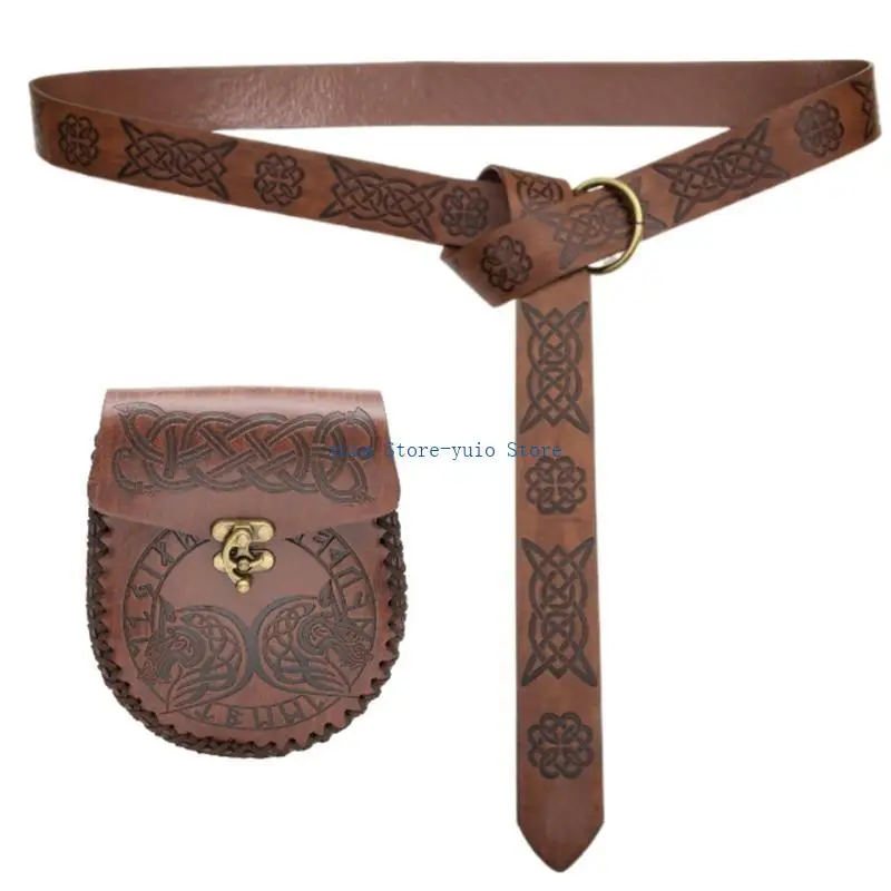 X7XB Medieval Belt Set for Adult Men Women Embossing Pattern Waist Belt with Coin Purse for Cosplay Vintage Accessory