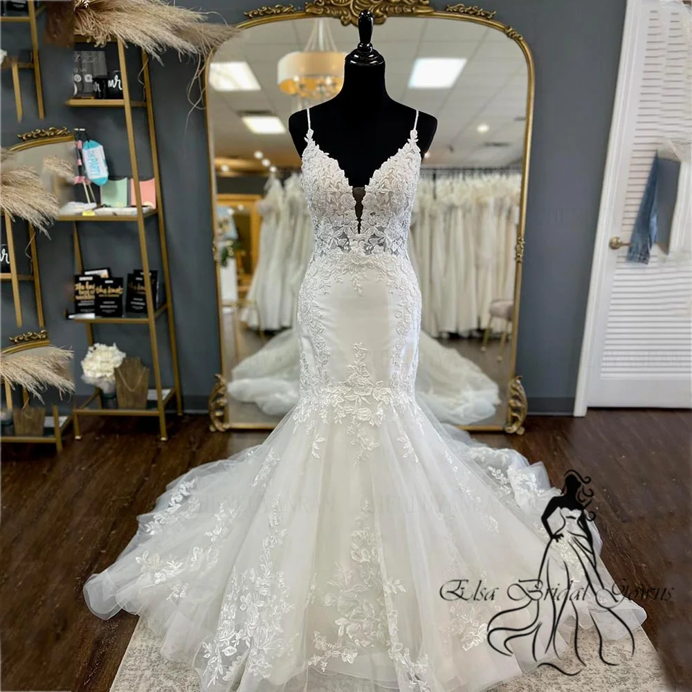Abiti da sposa avorio a sirena 2025 Abito da sposa lungo sexy senza schienale con scollo a V da donna Applique Sweep Train Abiti per occasioni personalizzate