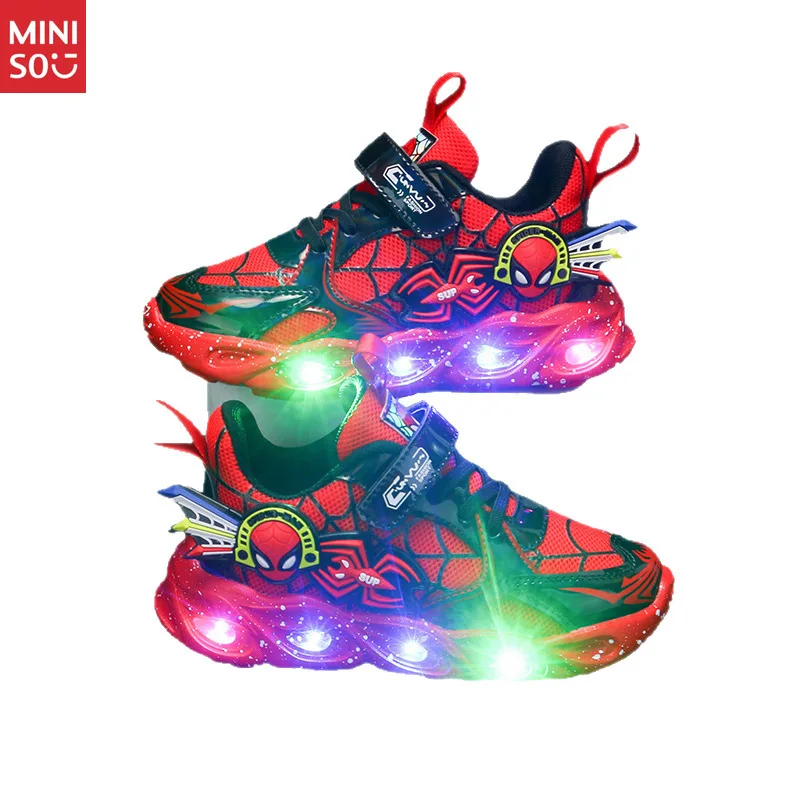 

Miniso 2025 Spiderman Light-up Sneakers - Waterproof Leather Shoes for Boys, Spring/Autumn Casual Wear